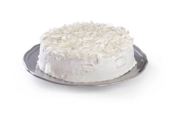 Witte Cake Een Grijze Plaat Geïsoleerd Witte Achtergrond — Stockfoto