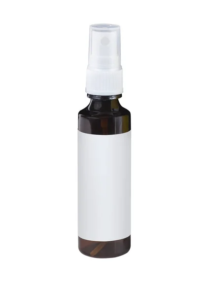 Spray frasco de plástico marrom com rótulo branco mockup — Fotografia de Stock