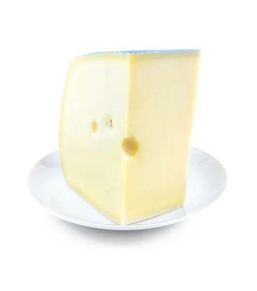 Stukje Zwitserse Kaas Witte Plaat Witte Achtergrond — Stockfoto