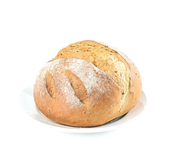 Runde Braune Brotlaibe Mit Mehl Auf Einem Weißen Teller Auf — Stockfoto