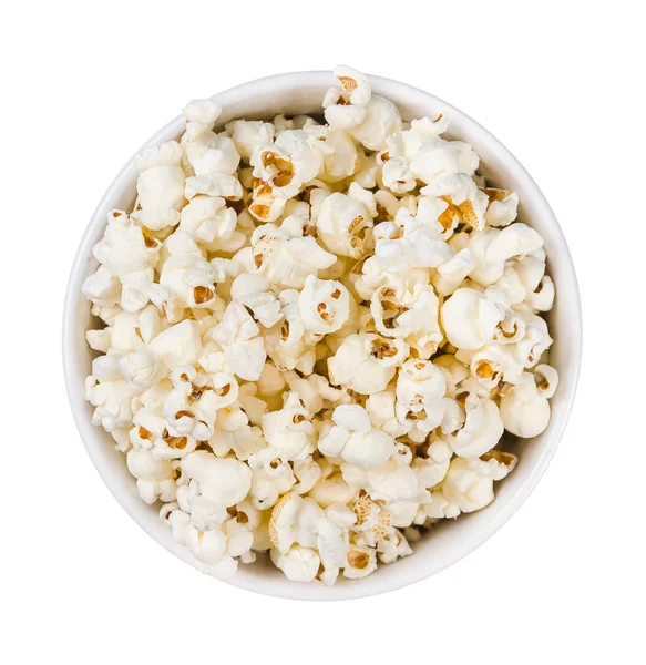 Pop corn küme içinde beyaz arka plan., üstten görünüm izole bir yuvarlak tabak
