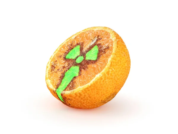 Mandalina yarısı Merkezi ve--dan o, üzerinde beyaz izole yayılan bir çürüme baskılı parlayan radyoaktif işaretiyle eğik arka plan 3d
