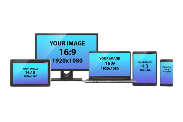 Bir dizi elektronik cihaz: PC monitörü, tabletler, dizüstü bilgisayar ve çeşitli ekran boyutu ve en boy oranı ile akıllı telefon, beyaz arka planda. Gerçekçi vektör mockup.