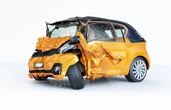 Solo Coche Estrelló Coche Amarillo Ciudad Dañó Parte Delantera Aislado — Foto de Stock