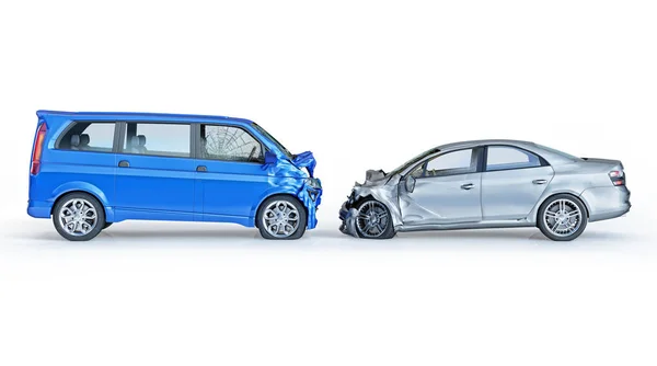 Two Cars Accident Crashed Cars Blue Van Silver Sedan Big — Stock Photo, Image