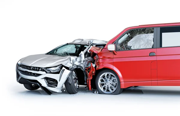 Två Bilar Olycka Kraschade Bilar Röd Van Mot Silver Sedan — Stockfoto