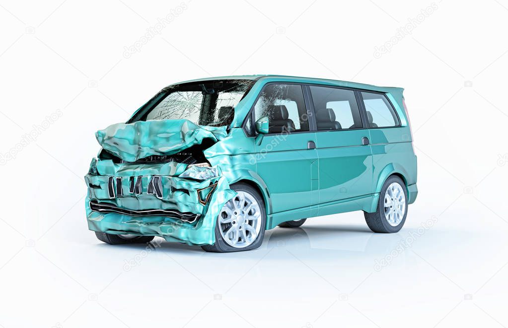 Single car accident. Green van heavily damaged on the front part. Isolated on white background. Perspective view.