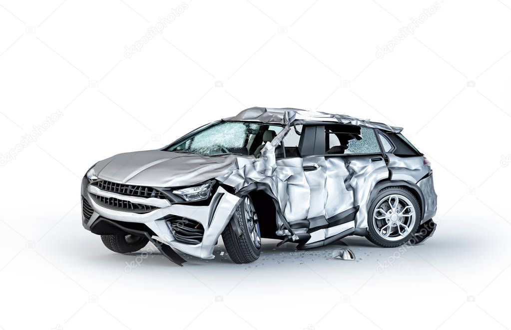 Single car crashed. Silver sedan heavily damaged on a side. Isolated on white background. Perspective view.