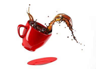 Kırmızı Kupası kupa ve fincan tabağı kahve sıçrama ile atlama. Beyaz arka plan üzerinde izole. Kırpma yolu dahil.