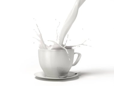 Pouring milk into a white porcelain cup mug with a splash. On saucer with spoon. Isolated on white background. Clipping path included. clipart