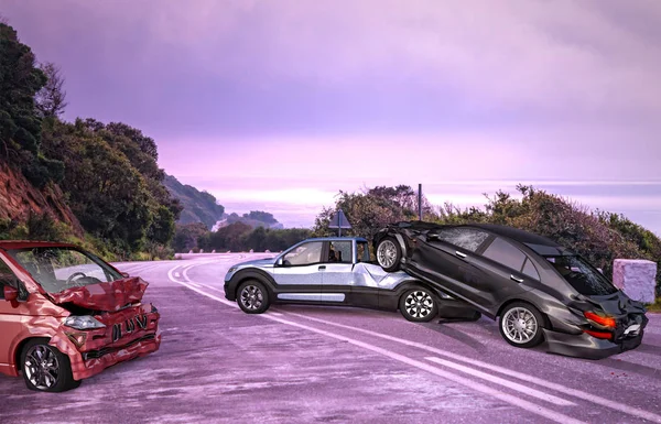 Acidente Três Carros Uma Van Uma Pick Sedan Luxo Caiu — Fotografia de Stock