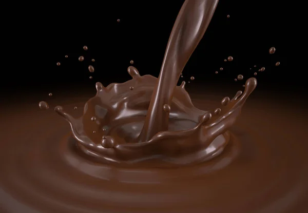 Chocolate Líquido Derramando Com Splash Coroa Ondulações Vista Panorâmica Fundo — Fotografia de Stock