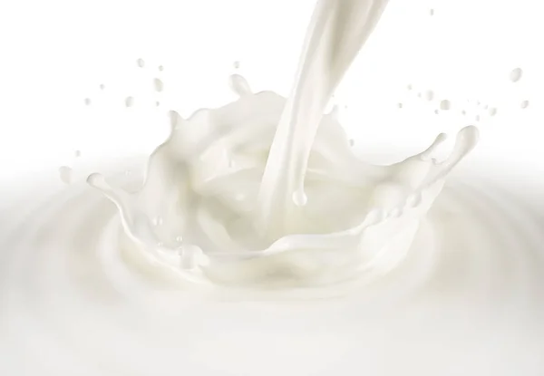牛奶倒在牛奶池里 上面溅满了冠溅起的涟漪 在白色背景上 包括裁剪路径 — 图库照片