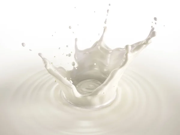 奶冠飞溅 溅在牛奶池中 带有涟漪 在白色背景上 包括裁剪路径 — 图库照片