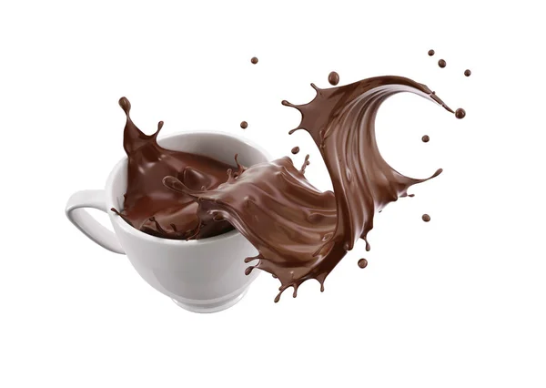 Witte Porseleinen Mok Beker Met Vloeibare Chocolade Wave Splash Geïsoleerd — Stockfoto