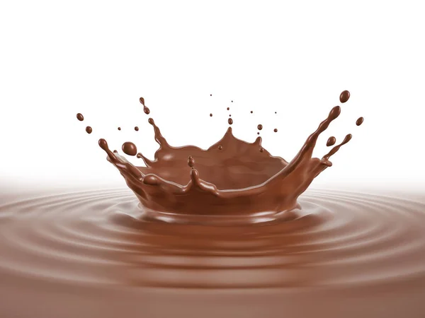 液体巧克力池与冠飞溅和波纹 隔离在白色背景上 透视低视点 — 图库照片