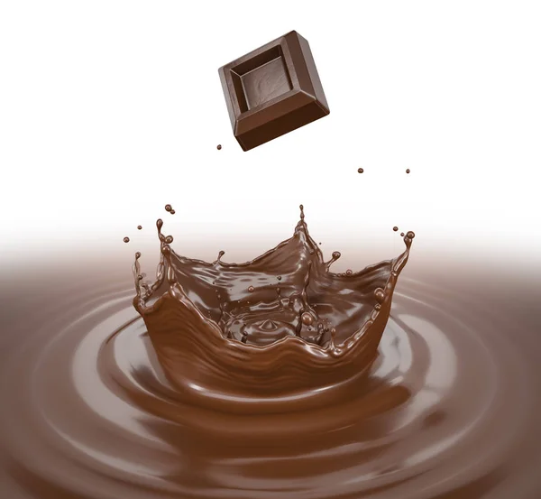 Cubo Chocolate Salpicando Una Piscina Líquida Chocolate Con Salpicaduras Corona — Foto de Stock