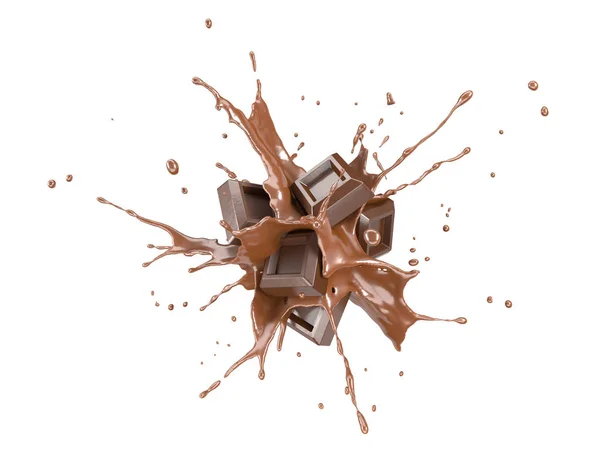 Chocolade Blokken Spatten Een Vloeibare Chocolade Plons Barsten Lucht Geïsoleerde — Stockfoto