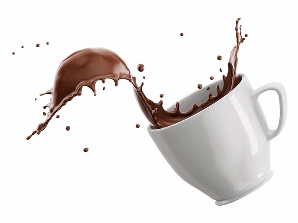 液体チョコレート波しぶきと白磁のマグカップ 白い背景上に分離 クリッピング パスを含める — ストック写真