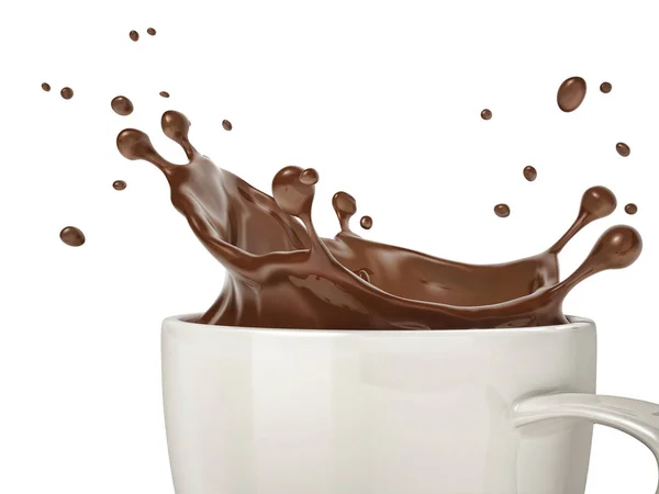 白色杯 液体巧克力飞溅 从侧面 白色背景上关闭视图 包括剪裁路径 — 图库照片