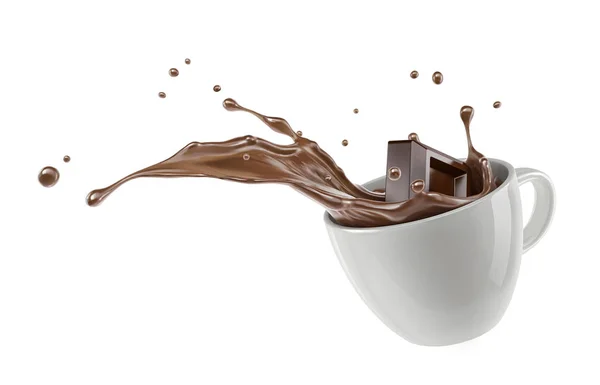 巧克力方块飞溅成一个有飞溅的白色杯子 隔离在白色背景上 包括裁剪路径 — 图库照片