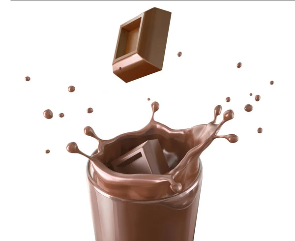 Two Chocolate Cubes Splashing Glass Full Liquid Chocolate Splash Close — Stock Photo, Image