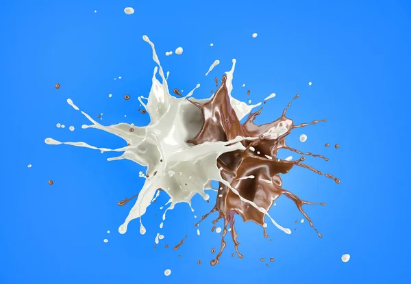 牛奶和巧克力 或油漆飞溅在空气中相互飞溅 在蓝色背景上 — 图库照片