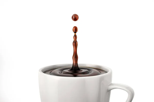 Single Drop Coffee Splashing White Cup Mug Close View Isolated — Stock Photo, Image
