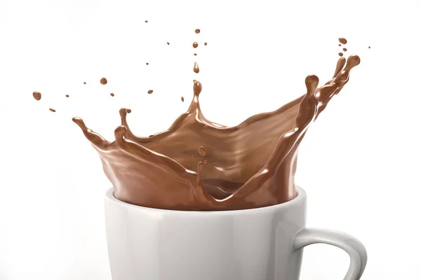 White Cup Milk Chocolate Splash Isolated White Background Close View — Stock Photo, Image