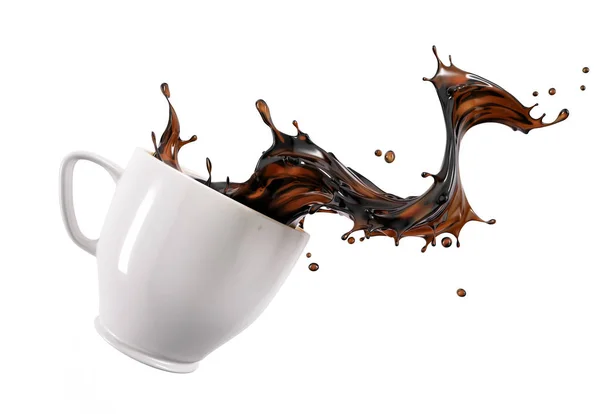 Liquid Coffee Wave Splashing Out White Cup Mug Isolated White — Stock Photo, Image