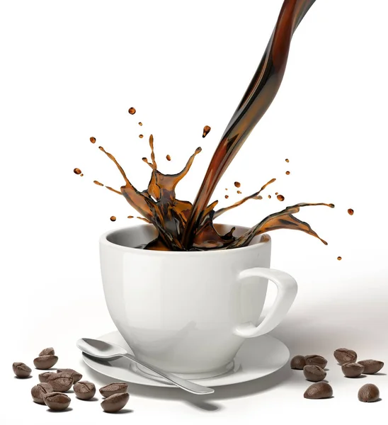 Liquid Coffee Pour Splash White Cup Saucer Spoon Some Coffee — Stock Photo, Image