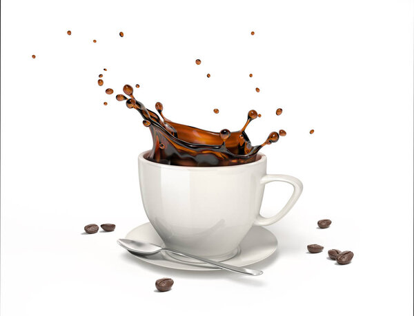 Liquid coffee splash in a white cup on saucer and spoon, With some coffee beans around on the floor. Clipping path included.