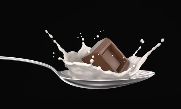 巧克力方块溅在金属勺子上的牛奶中 在黑色背景上隔离 关闭视图 — 图库照片