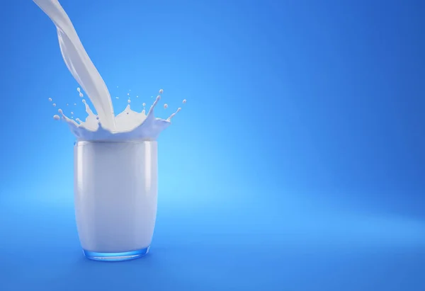 Milk Pouring Glass Full Milk Crown Splash Blue Background Free — Stock Photo, Image