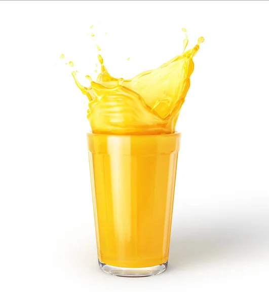 Glas Sinaasappelsap Met Splash Geïsoleerd Een Witte Achtergrond Zijaanzicht — Stockfoto