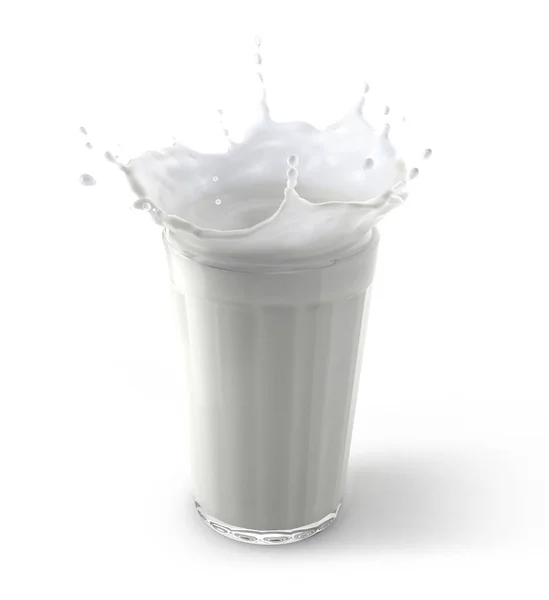 Glas Voll Frischer Milch Mit Spritzer Isoliert Auf Weißem Hintergrund — Stockfoto