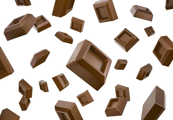 Muitos Cubos Chocolate Caindo Voando Espaço Branco Isolado Caminho Recorte — Fotografia de Stock