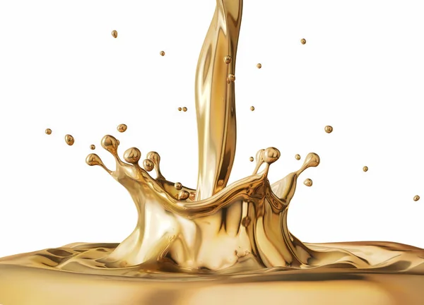 Flüssiges Gold Ergießt Sich Mit Kronenspritzer Und Wellen Seitenansicht Auf — Stockfoto