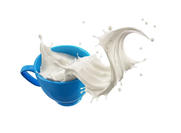Blauwe Beker Mok Met Melk Wave Splash Geïsoleerd Een Witte — Stockfoto