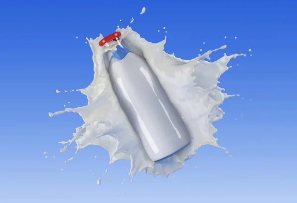 Bottle Milk Splashing Blue Background Clipping Path Included — Stock Photo, Image