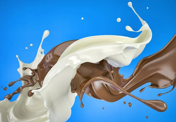ミルクやチョコレート お互いに対して空気中飛散塗料 青の背景に — ストック写真