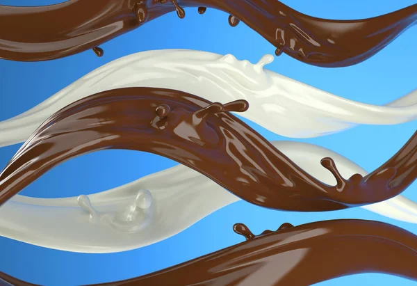 Chocolate Líquido Tiras Ondas Leite Com Pequenos Salpicos Fundo Azul — Fotografia de Stock