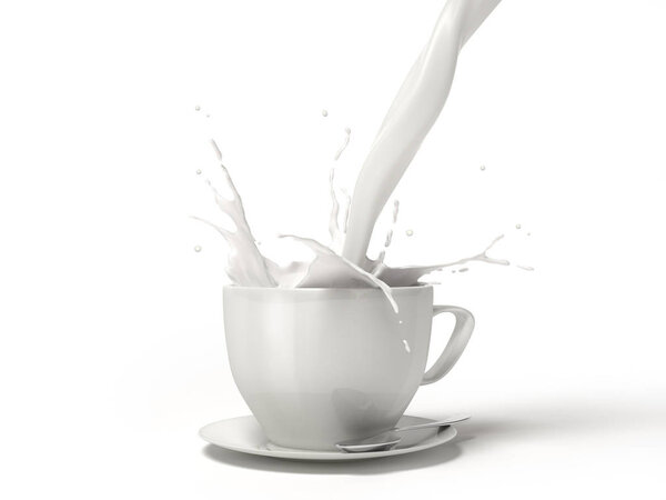Pouring milk into a white porcelain cup mug with a splash. On saucer with spoon. Isolated on white background. Clipping path included.