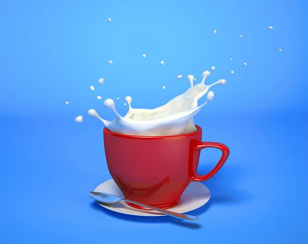 Tasse Rouge Avec Éclaboussure Lait Avec Soucoupe Cuillère Sur Fond — Photo