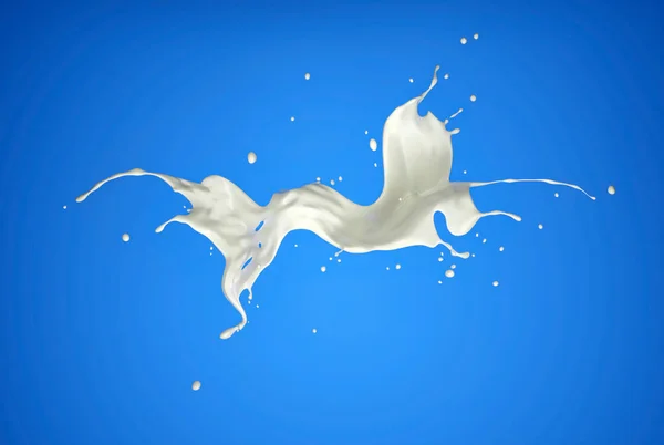 青の背景に抽象的な飛行ミルク スプラッシュ — ストック写真