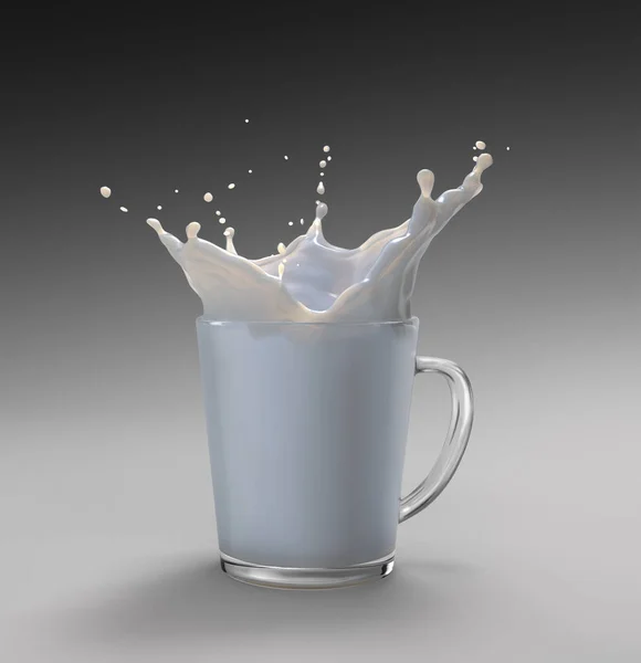 杯子里塞满了牛奶和碎屑 从白色到黑色的渐变背景 包括收割路径 — 图库照片