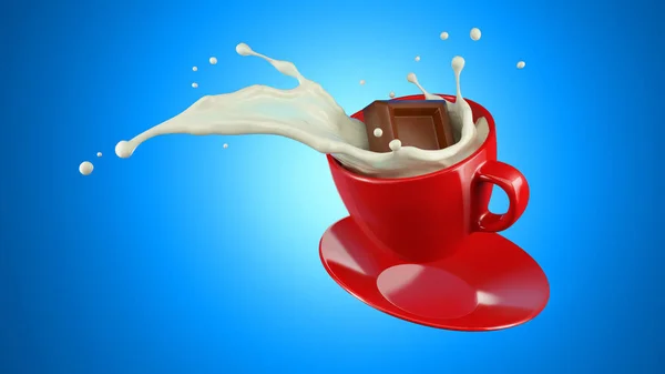 Red Cup Full Milk Cocolate Cube Splashing Jumping Saucer Blue — Stock Photo, Image