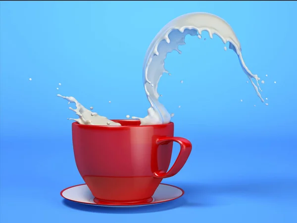 Milk Splash Red Mug Blue Background Clipping Path Included — Stock Photo, Image