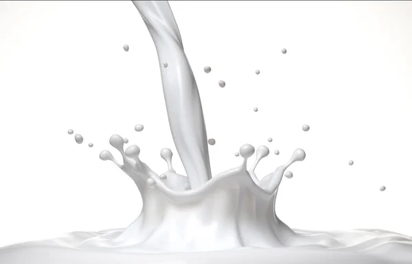 奶冠飞溅 溅在牛奶池中 带有涟漪 侧视图 在白色背景上 — 图库照片