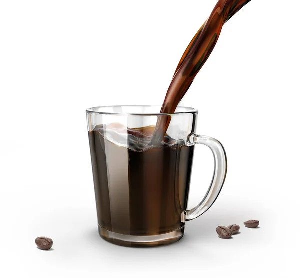 Koffie Gieten Een Transparante Mok Van Glas Geïsoleerd Een Witte — Stockfoto